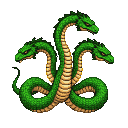 A menacing three-headed green hydra with glowing yellow eyes coils its serpentine body.