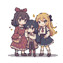 Three chibi characters: a girl with dark bobbed hair and a maroon dress, a smaller figure in a coat with dark hair, and a blonde-haired girl in a pinafore dress, surrounded by golden sparkles.