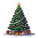 A decorated Christmas tree with colorful baubles, tinsel, and a star, surrounded by presents, with white pixels drifting down like snow against a black background.