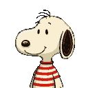 Snoopy in a red and white striped t-shirt, smiling and looking left.