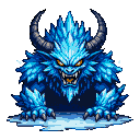 An ice demon with a jagged blue crystalline body, sharp icy spikes, piercing yellow eyes, and clawed hands resting on frosty ground.