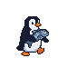 Pixel art penguin with orange feet and beak carrying a silvery fish.