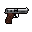 Pixelated handgun with grey metallic slide and brown textured grip on a black background.