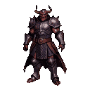 A demon knight in dark, segmented armor, with a horned helmet and crimson visage, wears a tattered reddish-brown cloak.
