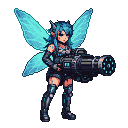 Cyber pixie with translucent blue wings and an oversized minigun, wearing punk-inspired futuristic attire with ripped stockings and metallic accents.