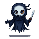 A spectral, cyclopean figure with luminous orange eyes, a white skull face with a jagged grin, and whip-like appendages, one holding a sword, floats ominously.