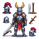 Knight in detailed, Western demonic-style pixelated armor with golden horns on helmet and crimson sash, holding a large ornate sword. Surrounding game assets include additional helmets and weapons.