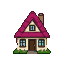 A pixelated house with a magenta roof, cream facade, two small blue-paned upper windows, two larger blue-paned lower windows, a brown door, and a tan chimney, set against green grass.