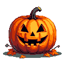A classic orange jack-o'-lantern with a wide, toothy grin and triangular eyes and nose, set against a black background with scattered autumn leaves at its base.
