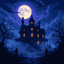 A dark, shadowy manor with glowing windows stands on a hill, shrouded in thick mist. A large, luminous violet and blue full moon hangs in the night sky above swirling clouds. Bare, skeletal trees frame the foreground.