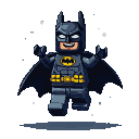 Jubilant Lego Batman leaping with a wide grin, yellow bat symbol on chest, against a black background with white scattered pixels.