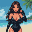 Woman with flowing brown hair and green eyes wearing a black transparent latex swimsuit and long gloves, standing on a sunny beach with ocean, sand, blue sky, clouds, and a palm tree.
