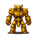 A hulking golden golem with segmented, gleaming armor and a horned helmet.