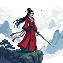 Female swordsman in crimson hanfu with black sleeves and red tassels, standing on a misty mountain cliff. She has long black hair with a jade hairpin and a silver sword at her waist. Ethereal clouds and ancient pine trees are in the background.