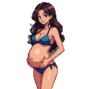 Young woman with long wavy brown hair and blue eyes, wearing a teal bikini, cradling her pregnant belly.
