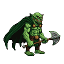 Green-skinned troll with a dark green cape and rustic armor, holding a battle axe.