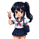 Anime schoolgirl with dark pigtails and bright eyes, wearing a white sailor uniform with a navy pleated skirt, holds up a peace sign.