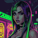 A Hispanic woman with neon green, purple, and yellow streaked hair, looking dismissive in a cyberpunk nightclub.