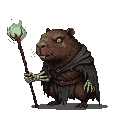 A capybara necromancer in dark rags, holding a staff with a glowing orb, its yellow eyes intense.