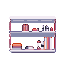Minimalist, high-tech shelf unit with metallic gray shelves against a transparent background. Top shelf: red and white objects. Middle shelf: bottles or vials with white and dark accents. Bottom shelf: large orange and white cylinder, black and white patterned object, and tall red and white items.