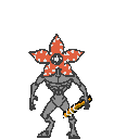 Menacing Demogorgon with petal-like head open, sharp teeth, and a single eye, clutching a glowing ornate weapon.