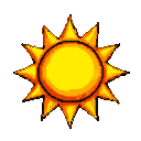 A pixel art sun with a vibrant yellow and orange orb and sharp, fiery rays.