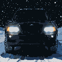 A menacing black 2004 BMW X5 E53 with glowing angel eyes headlights, viewed front-on in a snowy night.