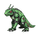 A metallic green robotic chameleon with weathered brown and dark grey plating, crimson glowing eyes, and sharp claws crouches low.