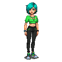 Teenage girl with vibrant teal hair, smirking, wearing a cropped green t-shirt and dark pants with green accents, and chunky sneakers.