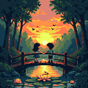 Two silhouetted figures hold hands on a wooden bridge, facing a vibrant orange and yellow sunset over a tranquil forest clearing with a calm body of water.