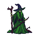 A witch with a skeletal face, wearing tattered moss-green robes and a pointed blue hat, clutches a gnarled staff and a twig-like wand.
