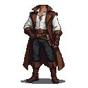 A headless figure in a brown leather duster coat, white shirt, dark trousers, and leather boots.