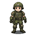 Small soldier in an oversized, ill-fitting military uniform and helmet.