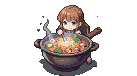 Young girl with brown hair curiously looks into a bubbling pot of magical mushroom soup.