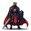 Regal dark knight in black armor with silver accents, a red cloak, and a golden crown. He holds a broadsword and shield.