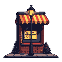 A street lamp illuminates a cobblestone sidewalk and a brick building with a striped awning. Interior lights glow from the building's windows.