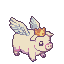 A plump piglet with feathered wings and a small golden crown.