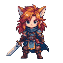 Young warrior with fox ears and red hair, holding a sword, wearing blue and brown armor.