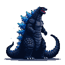 Colossal Godzilla with dark, scaly hide in deep blues and grays, glowing electric blue dorsal fins, and menacing red eyes.