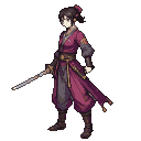 Female warrior in crimson and gold East Asian-inspired armor, holding a sword horizontally, with a determined expression.