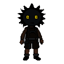 A dark figure with a black sun-shaped head and glowing yellow square eyes stands against a void.