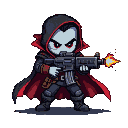 Vampire in a dark hooded cloak with red lining, holding a firing minigun with muzzle flash.