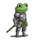 Whimsical knight with a frog head, wearing full plate armor and a green tabard, holding a wooden staff.
