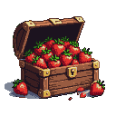 A rustic wooden chest overflowing with ripe, ruby-red strawberries.
