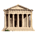 A pixelated Greek temple with fluted columns and a triangular pediment, set against a transparent background with a small patch of green foliage at its base.