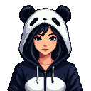 Portrait of a young woman with dark hair and blue eyes wearing a panda-themed hoodie with ears.