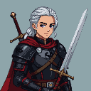 Regal warrior with flowing silver hair and violet eyes, wearing black armor with crimson seams and a Targaryen dragon sigil on the chest. A red cape drapes over their shoulders, with a sheathed sword on their back and another sword held in their right hand.