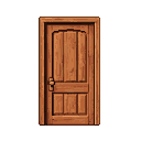A closed, sturdy wooden door with vertical planks and horizontal panels, featuring a rectangular handle and subtle shading.