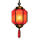 Octagonal red lantern with golden embellishment and red tassel, glowing orange and yellow.