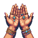 Two cupped hands adorned with numerous gold rings, many featuring turquoise stones, delicate pendant chains hanging from the palms, and stacked bracelets of gold beads and colorful gems.